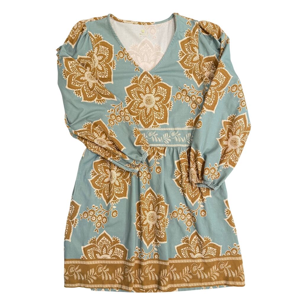 Spartina 449 Floral V-Neck Dress Large Balloon Sleeve Pockets Boho Coastal Midi